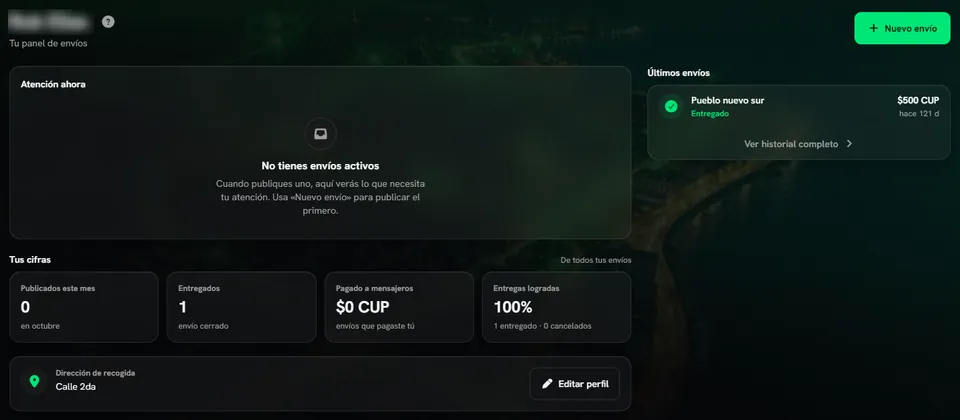 Panel del negocio en Cileris Go: envíos activos, cifras del mes, último envío entregado y el botón Nuevo envío