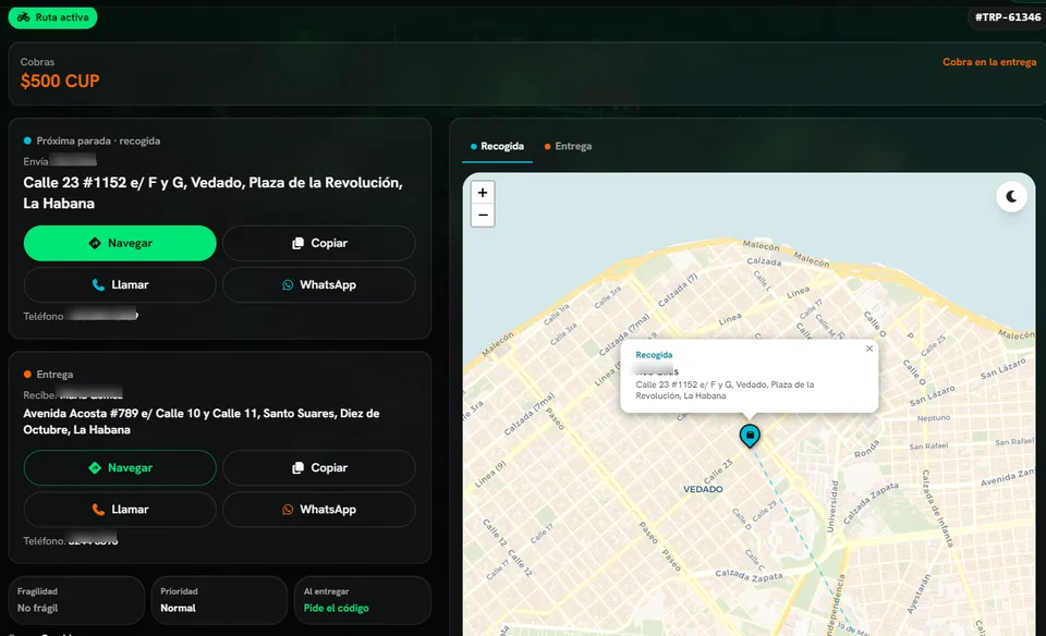 Ruta activa del mensajero: dirección de recogida y de entrega con botones Navegar, Llamar y WhatsApp, y el mapa con el punto de recogida