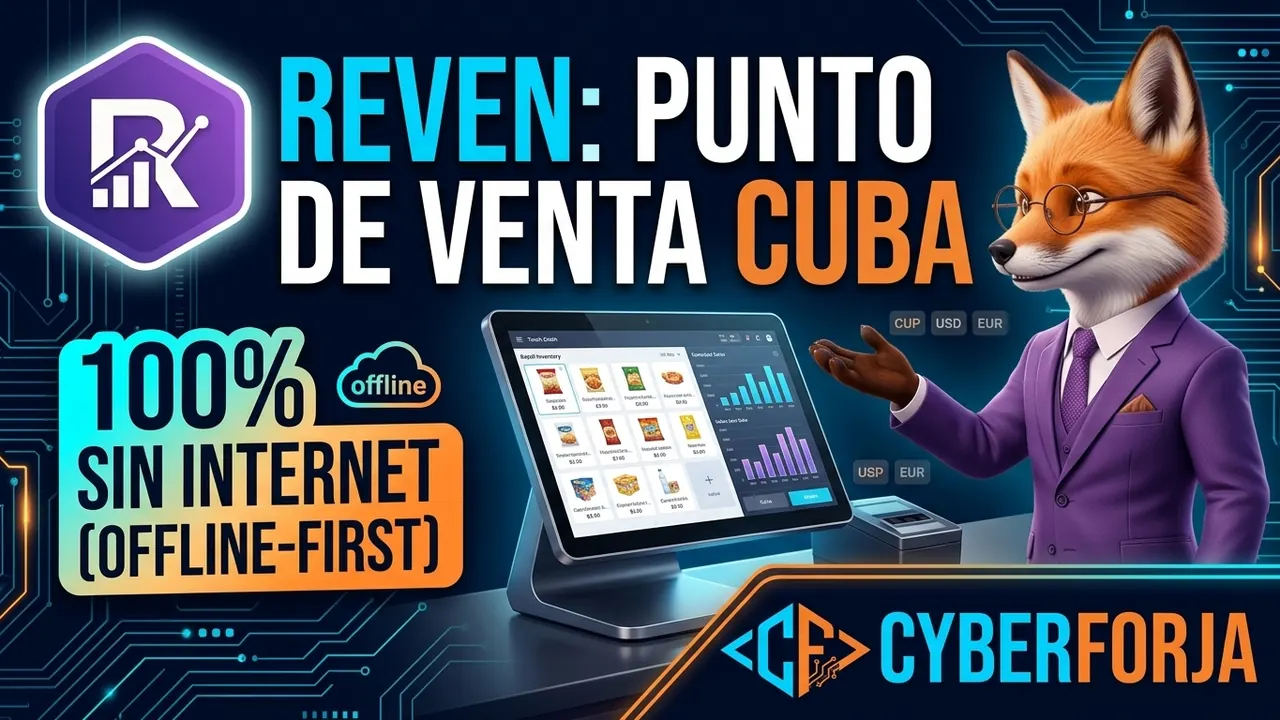 Miniatura del video de Reven: una pantalla de punto de venta con el inventario y las gráficas de ventas, la mascota de CyberForja y el sello «100% sin internet (offline-first)»