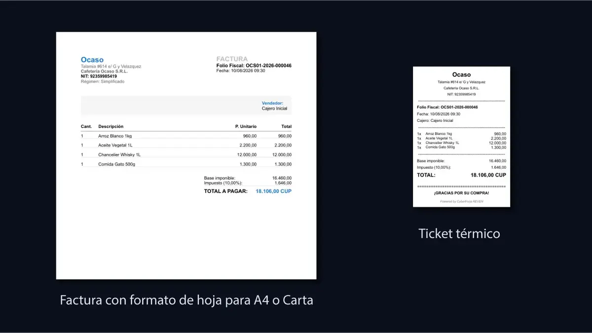 Factura en hoja carta y ticket térmico generados por Reven