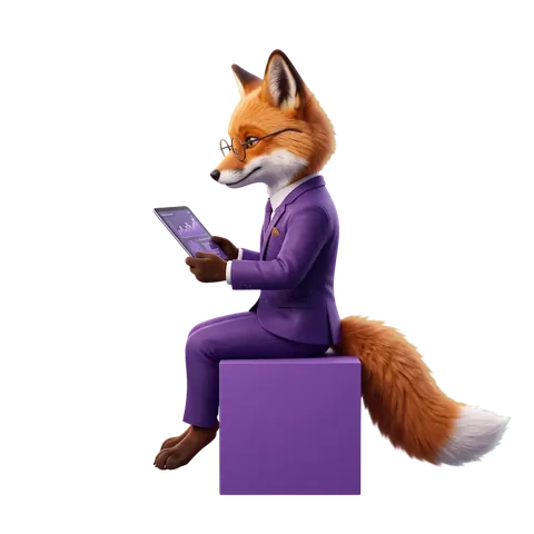 El zorro de Reven sentado, revisando las ventas en su tablet