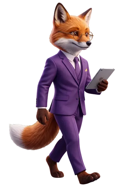 El zorro de Reven, con traje violeta, revisando su tablet
